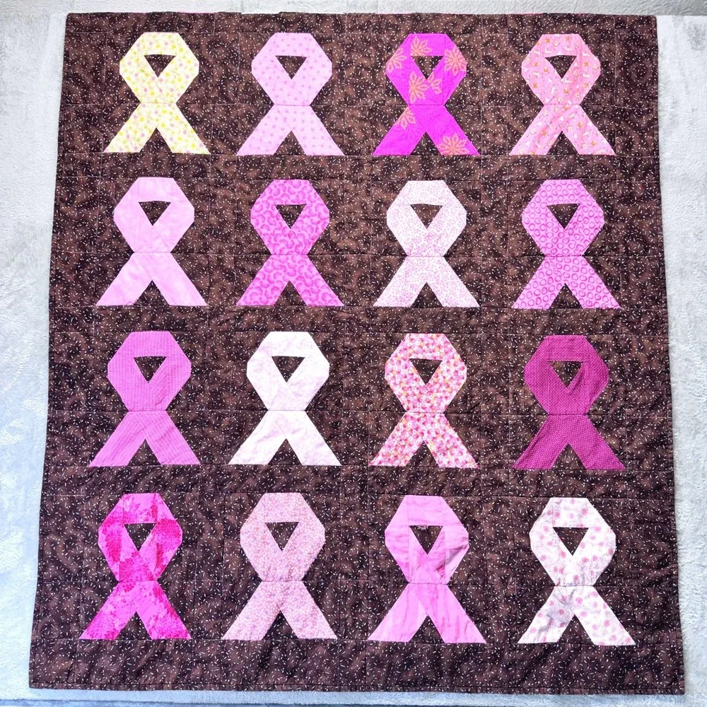 Quilt Breast Cancer‎ Awareness Handmade Ribbons of Hope Signed Brown Pink 60x42